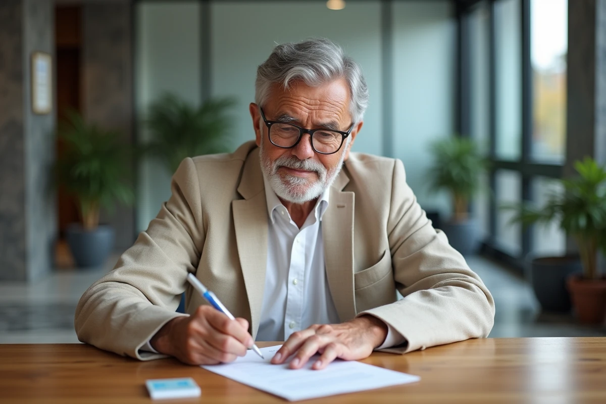 Homme âgé remplissant un formulaire pour obtenir une carte senior gratuite dans une mairie française