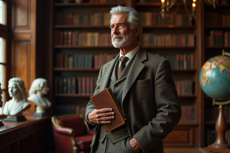 Homme age en tweed dans une bibliothèque ancienne