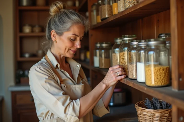 Femme inspectant une armoire à provisions en bois avec des bocaux en verre et des répulsifs naturels contre la vrillette du pain