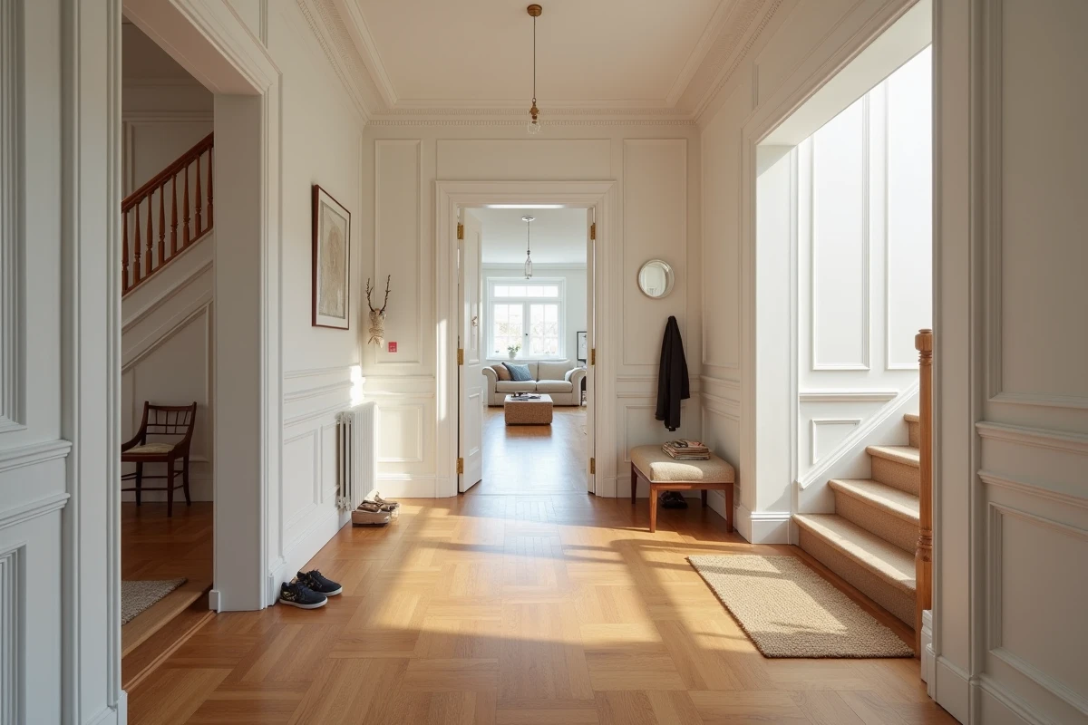 Couloir intérieur d'une maison type 5 avec escalier en bois, parquet chêne et aperçu des pièces principales