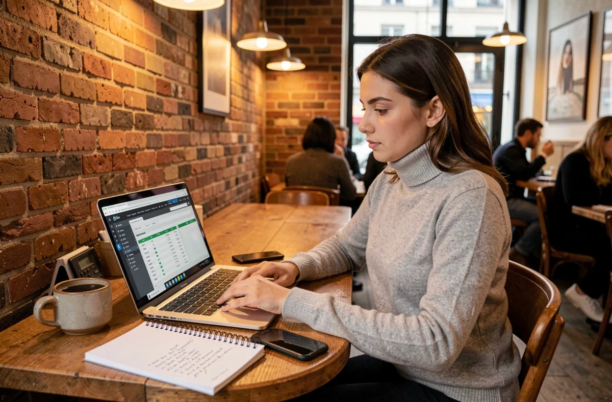 Jeune professionnelle en comptabilité travaillant sur un logiciel de gestion financière dans un café parisien
