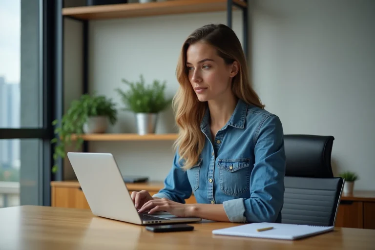 Jeune femme en tenue smartcasual dans un bureau moderne