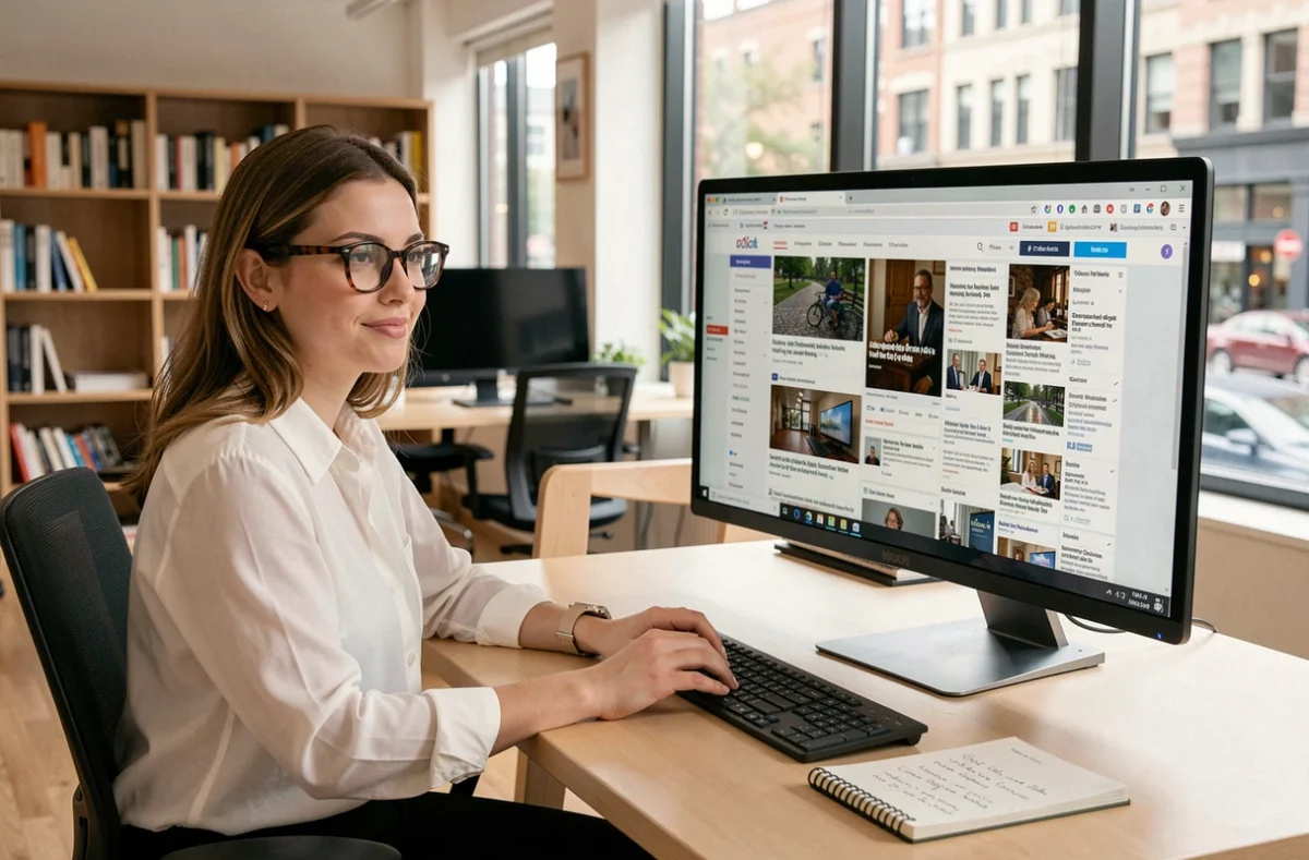 Jeune femme consultant plusieurs sources d'actualités sur un ordinateur dans un bureau moderne