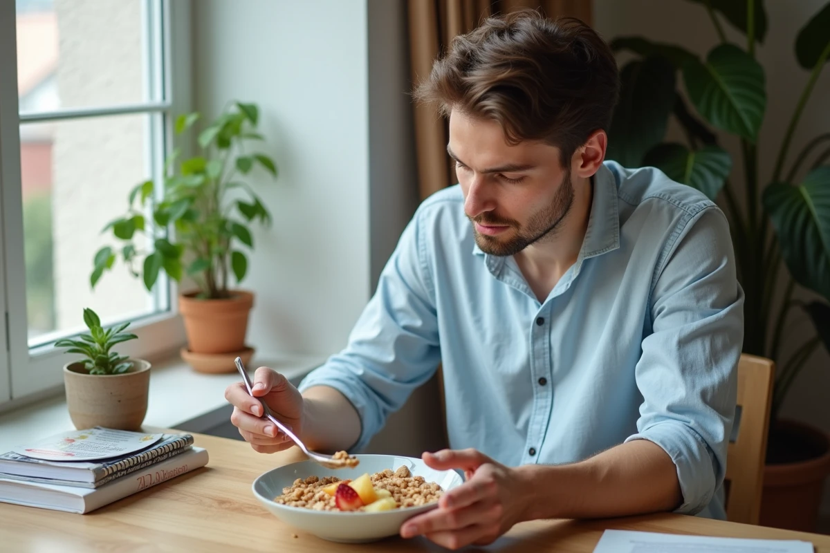 Jeune homme lisant sur la creme Budwig au petit déjeuner
