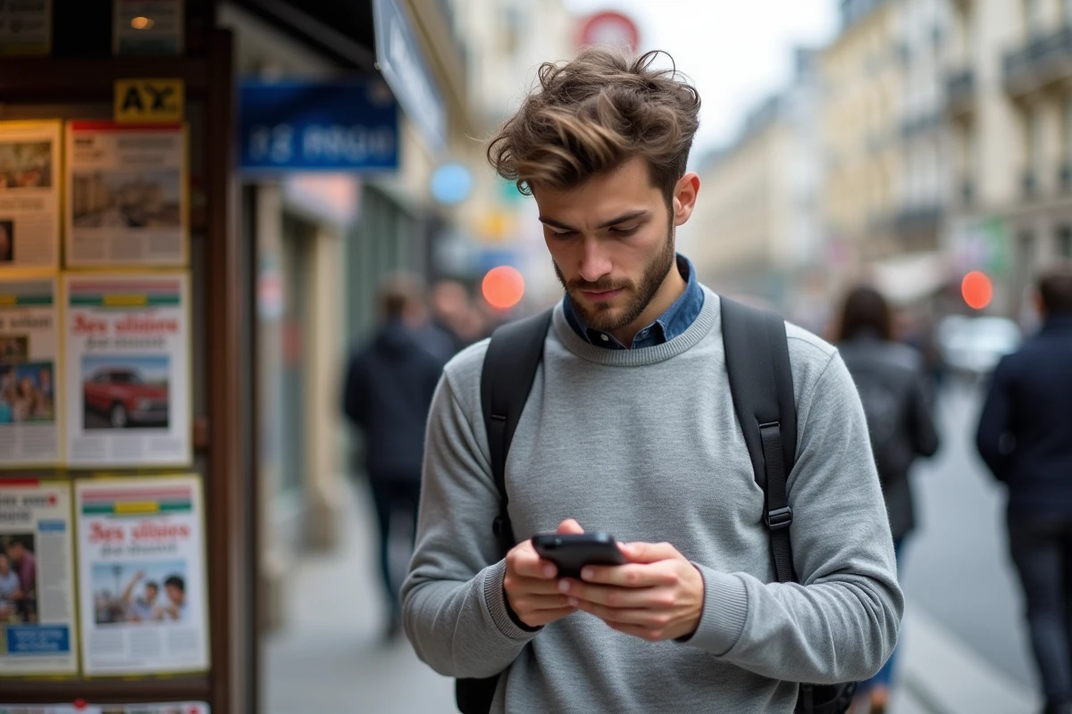 Jeune homme regardant son smartphone dans la rue parisienne