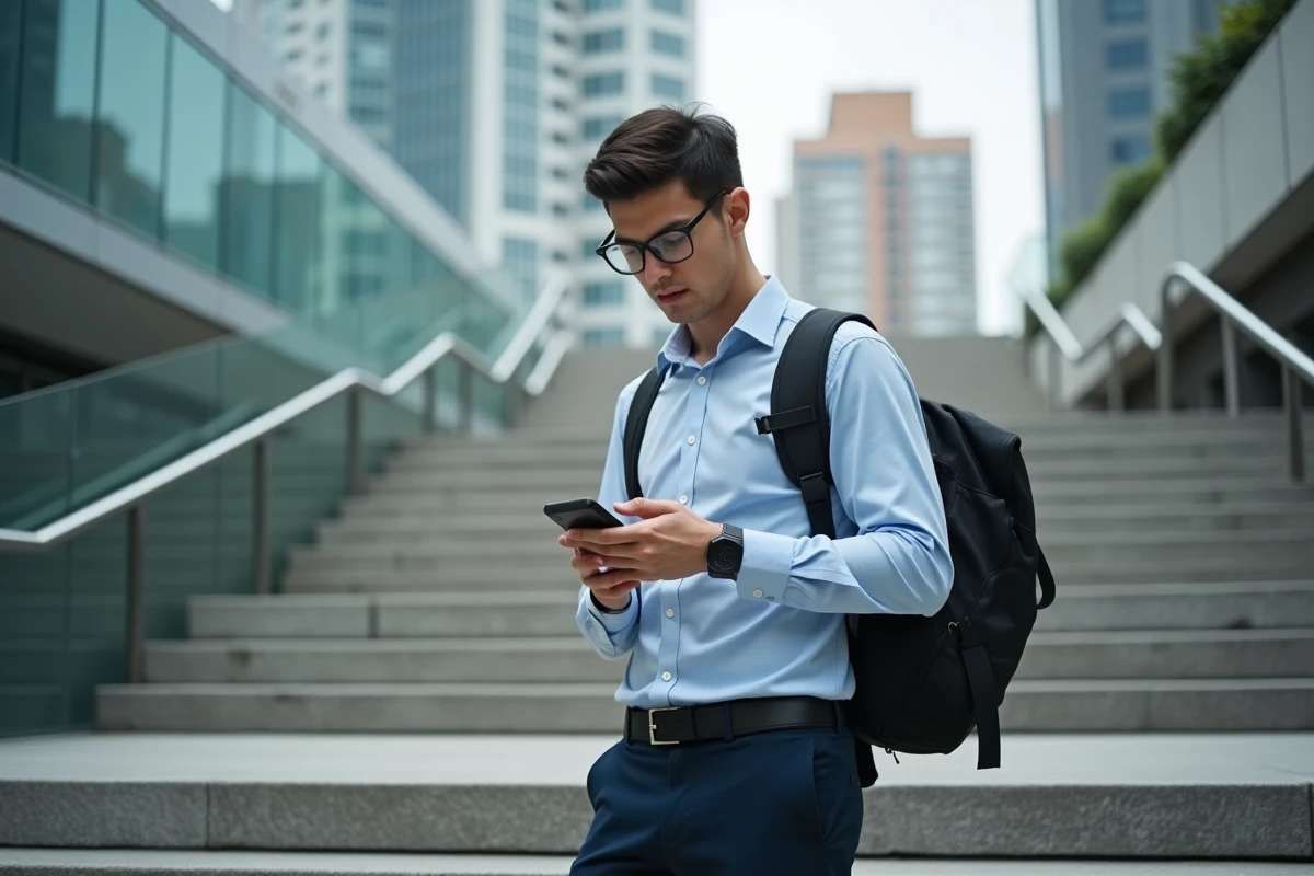 Jeune homme urbain regardant son smartphone pour article confiance