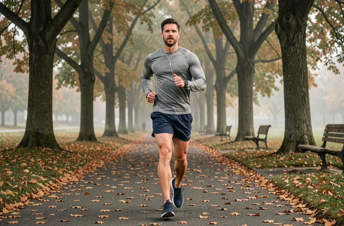 Homme faisant du jogging dans un parc urbain en automne dans le cadre d'une routine bien-être quotidienne
