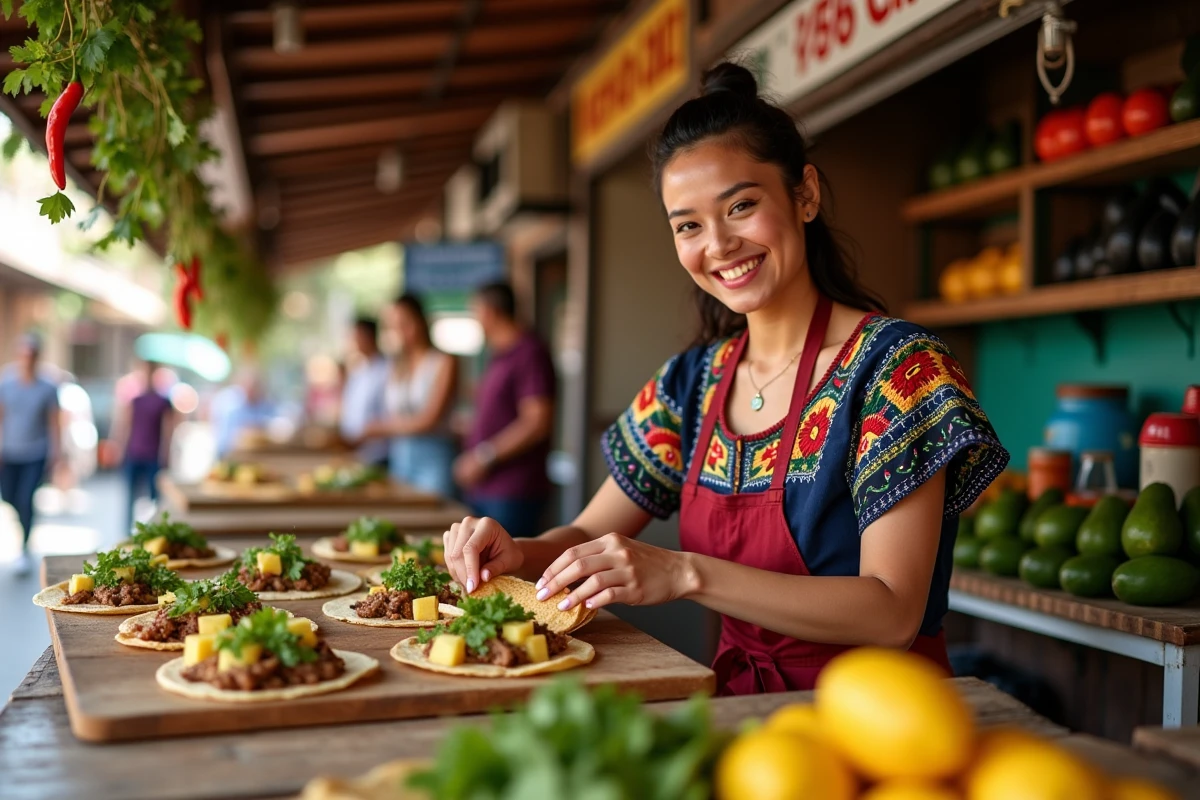 Femme mexicaine préparant des tacos al pastor sur un marché de rue coloré, avec garnitures fraîches de coriandre et ananas sur tortillas de maïs