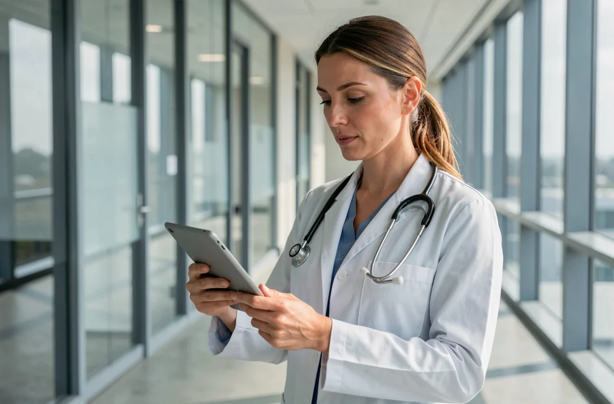 Médecin femme consultant une tablette numérique dans un couloir d'hôpital moderne, illustration des innovations en santé 2024
