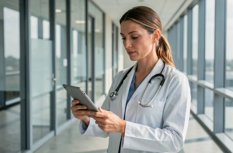 Médecin femme consultant une tablette numérique dans un couloir d'hôpital moderne, illustration des innovations en santé 2024