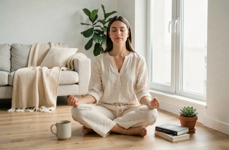 Femme pratiquant la méditation matinale dans un salon minimaliste scandinave pour améliorer son bien-être quotidien