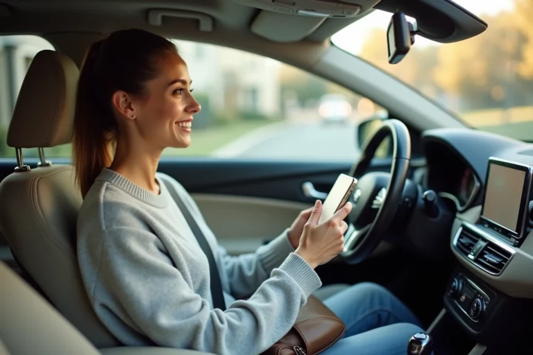 Femme souriante dans une voiture consultant la confirmation de paiement BlaBlaCar sur son smartphone