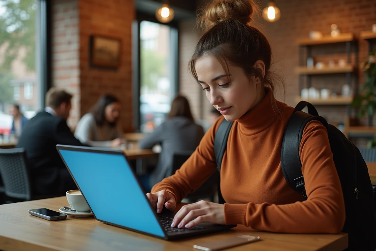 Jeune femme saisissant ses informations de paiement BlaBlaCar sur un ordinateur portable dans un café