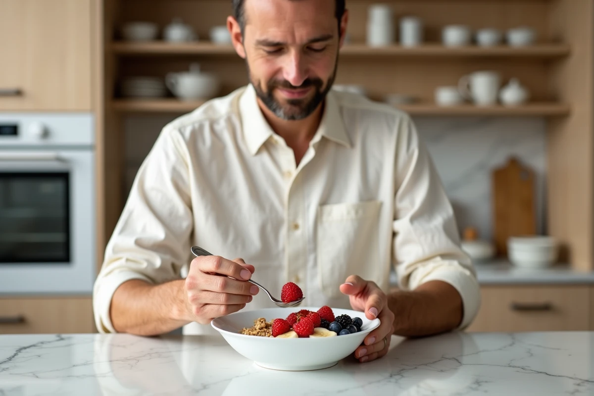Homme préparant un bol de petit-déjeuner sain avec des fruits frais dans une cuisine moderne pour prendre soin de sa santé au quotidien