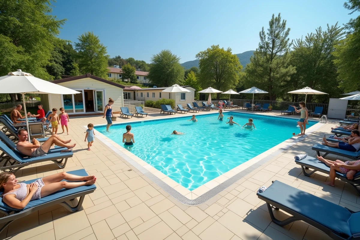 Zone de loisirs animée d'un grand camping européen avec piscine extérieure et familles en vacances