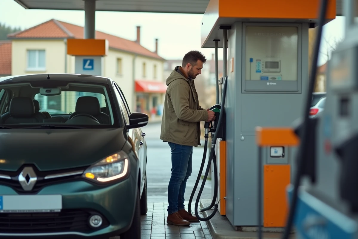 Conducteur faisant le plein d'une Renault Twingo 2 essence à la station-service après avoir roulé en réserve