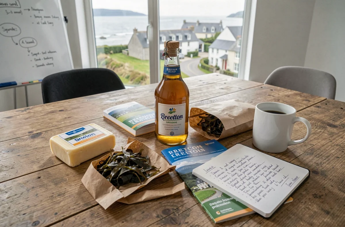 Vue de dessus d'une table de réunion avec des produits bretons locaux et des notes commerciales pour booster une activité d'entreprise