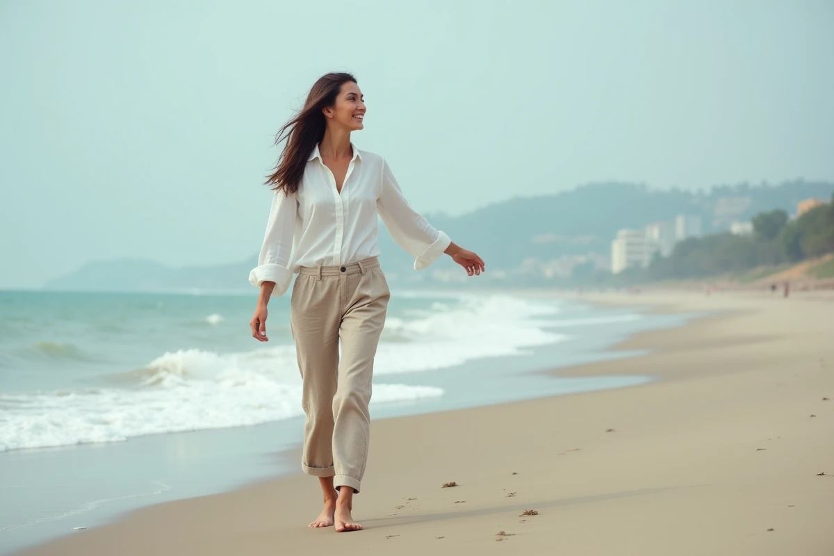 Femme marchant pieds nus sur une plage naturelle en profitant du moment présent pour améliorer son bien-être mental et physique