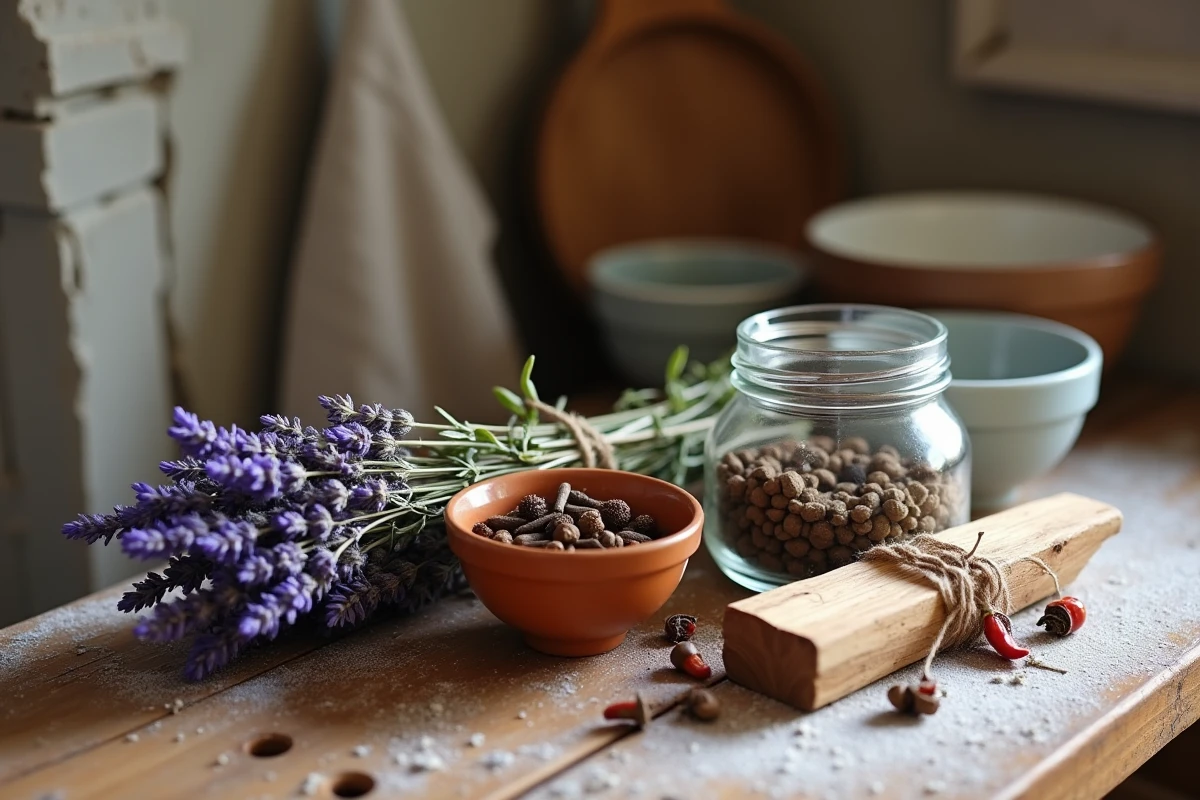 Ingrédients naturels répulsifs contre la vrillette du pain disposés sur une table en bois rustique