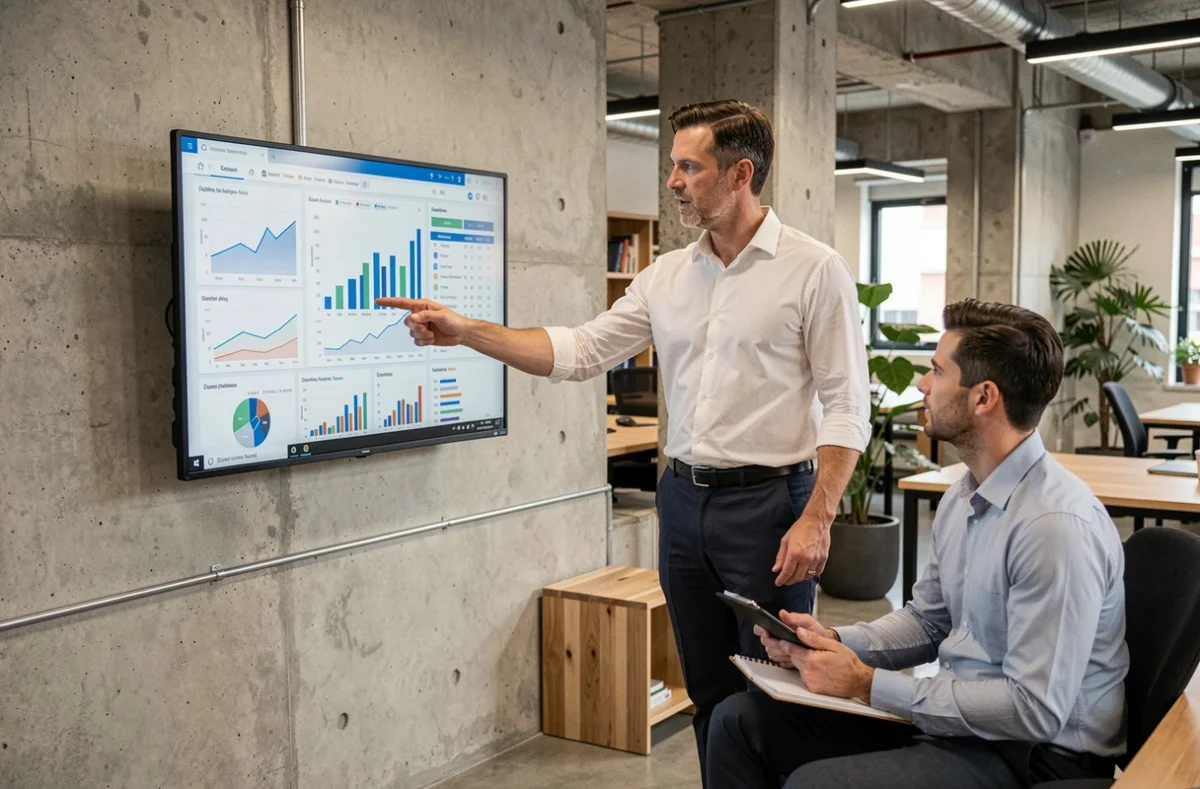 Comptable présentant des visualisations de données financières à des collègues dans un espace de bureau collaboratif moderne