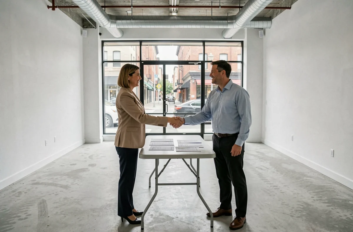 Signature d'un bail commercial entre une entrepreneuse et un agent immobilier dans un local commercial vide