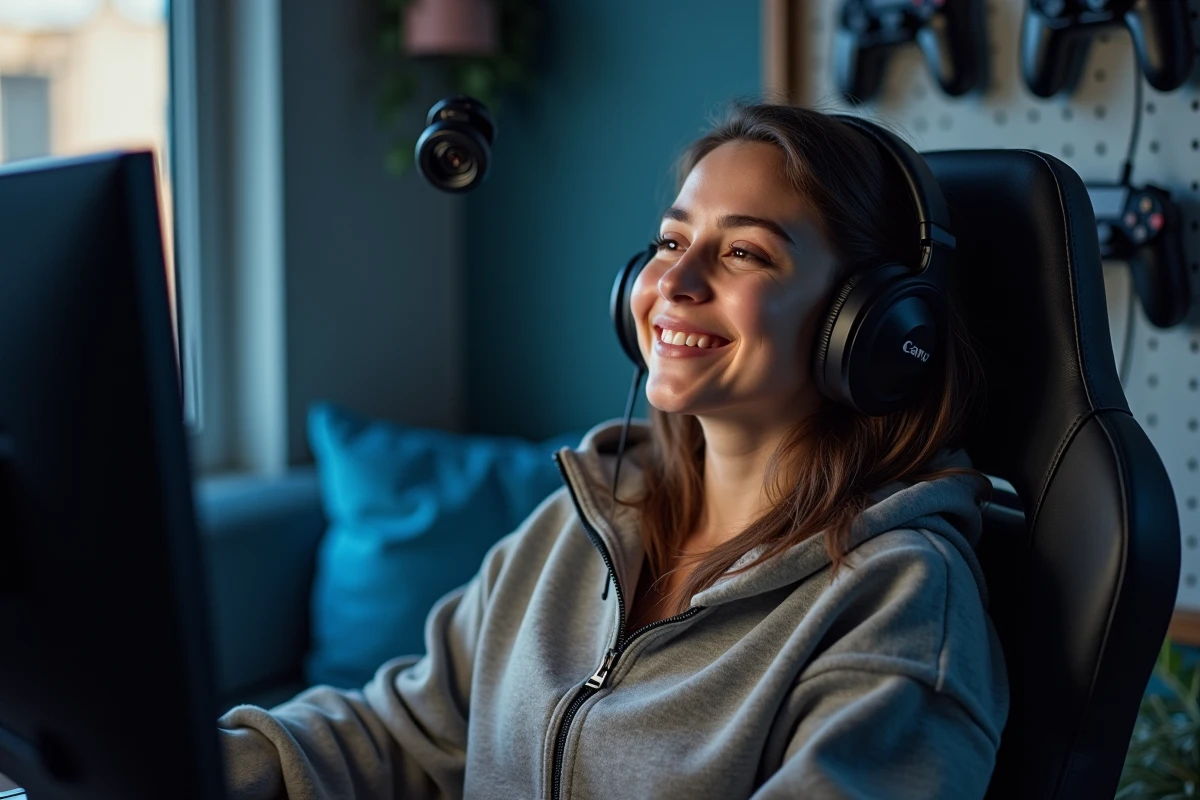 Streameuse gaming portant un casque audio posé sur la tête dans son coin streaming à domicile avec webcam et manettes accrochées au mur
