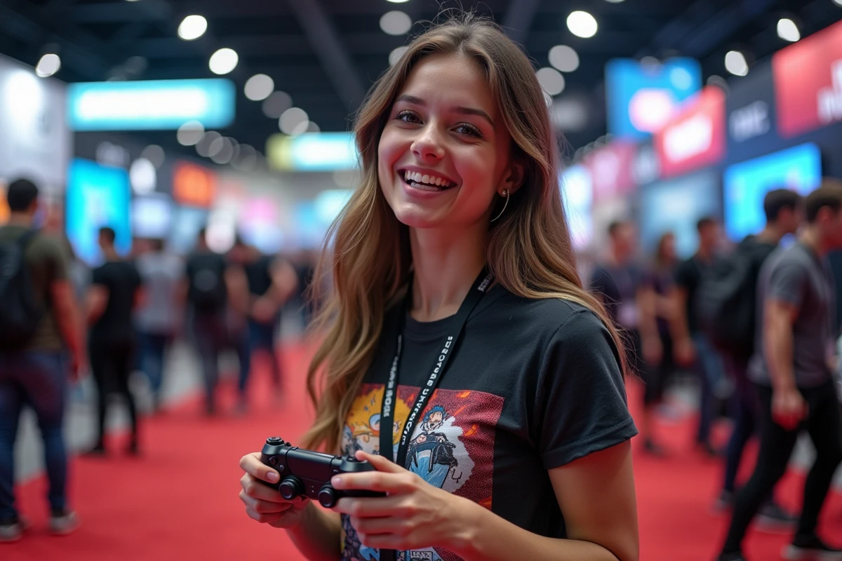 Jeune femme streameuse gaming tenant une manette lors d'un salon de jeux vidéo entourée de fans et de stands de convention