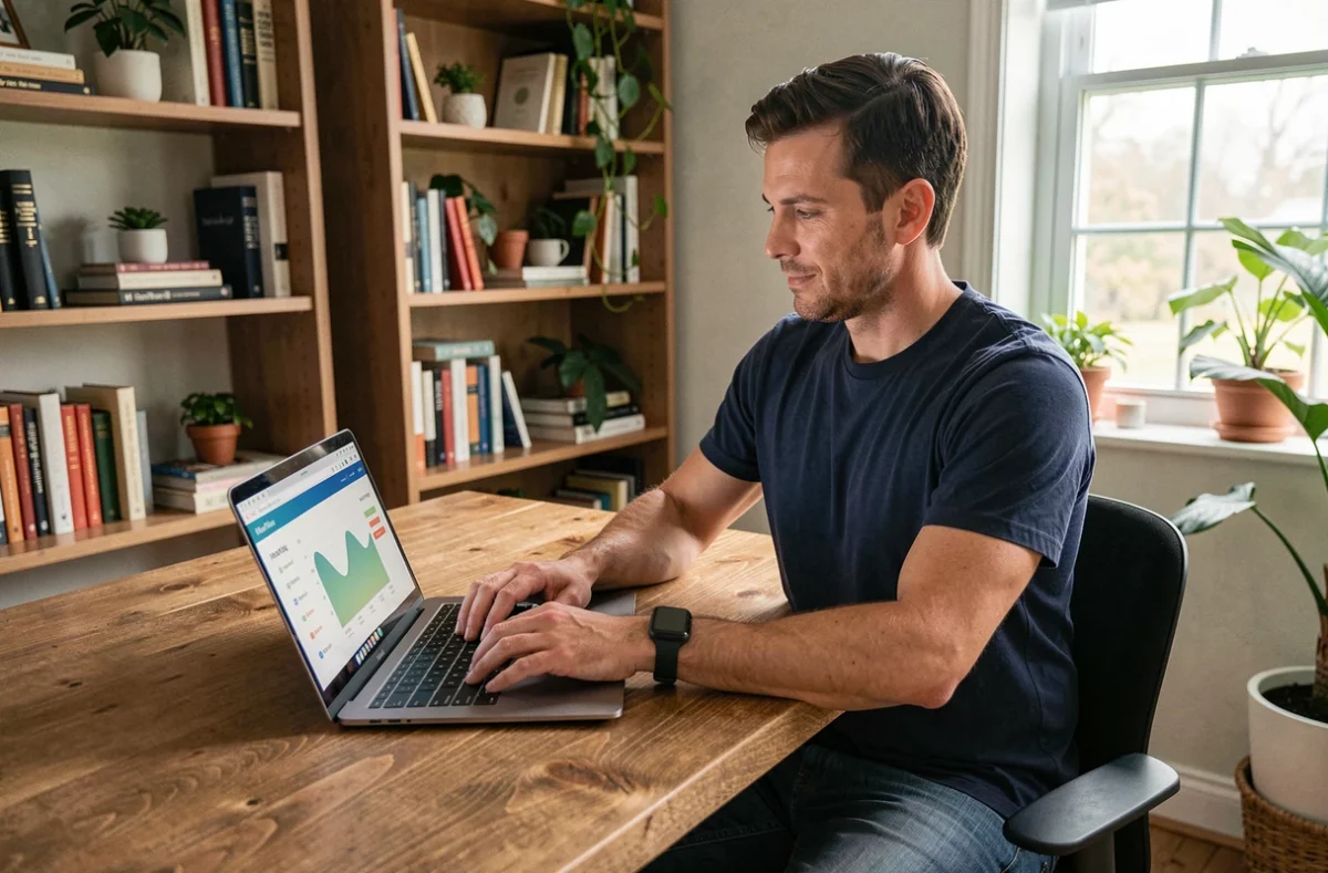 Homme utilisant une montre connectée et un ordinateur portable pour suivre sa santé depuis son domicile, tendances santé numérique 2024
