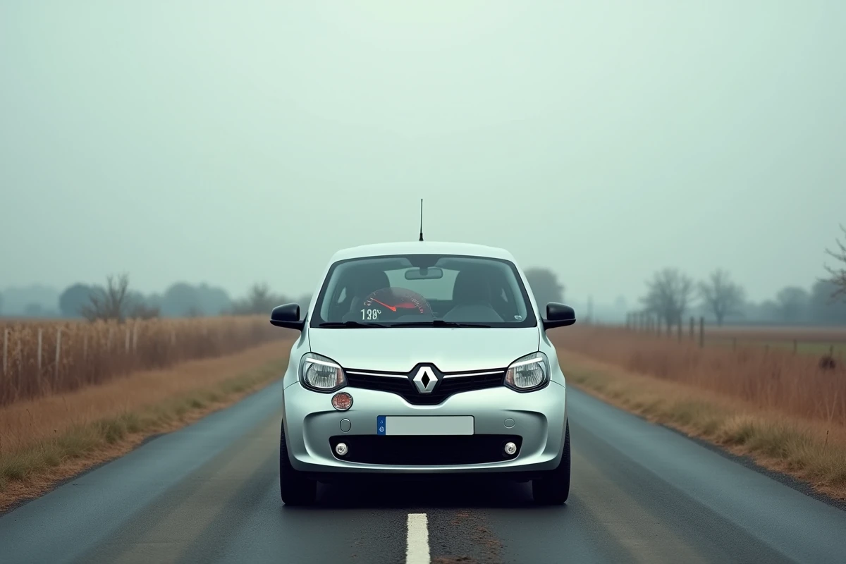 Renault Twingo 2 essence garée sur le bord d'une route de campagne avec la jauge de carburant en réserve visible
